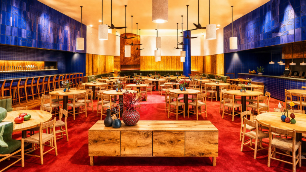 Interior of Cantina Contramar at Fontainebleau Las Vegas, showing the modernist dining room and tableside margarita cart.