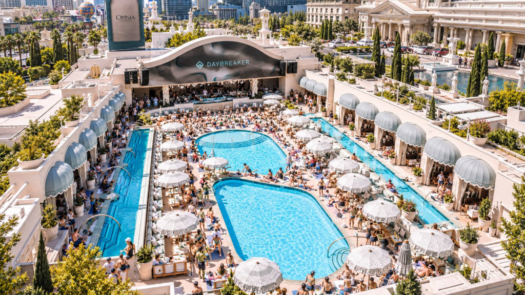 Daybreaker at OMNIA Dayclub: The Sober Dance Party Taking Over Vegas Mornings Daybreaker at OMNIA Dayclub in Las Vegas, an alcohol-free morning dance party with guided yoga, live musicians, and a DJ set at Caesars Palace. Photo: IYKYK Staff
