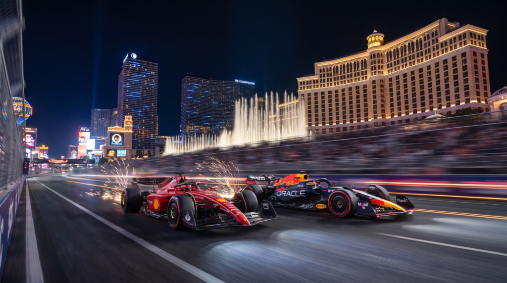How to Plan Your Las Vegas F1 Weekend: Tickets and Hotels Formula 1 cars race past the Bellagio fountains during the Las Vegas Grand Prix, held November 19-21 on the 3.8-mile Strip Circuit. Photo: IYKYK Staff
