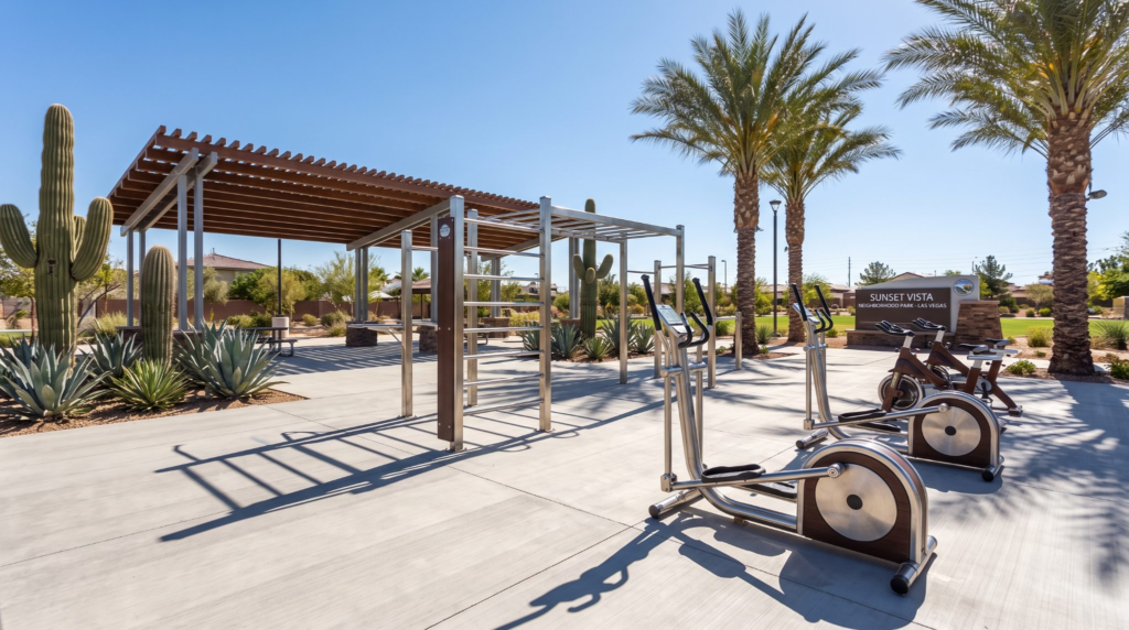 Las Vegas Approves 8 New Free Outdoor Fitness Courts Across the City A free outdoor fitness court at a Las Vegas city park, part of the National Fitness Campaign's Model City Program expanding to eight new locations across the city. Photo: IYKYK Staff