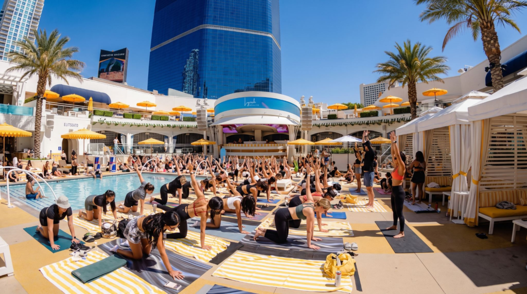 Sunday Circuit at LIV Beach: Wellness Day Dates and Tickets Sunday Circuit at LIV Beach in Las Vegas combines a guided workout inside LIV Nightclub with a full day of wellness activations at Fontainebleau's pool deck. Photo: IYKYK Staff