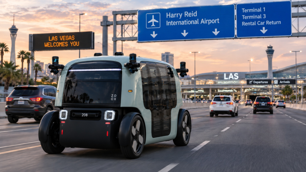 A Zoox robotaxi in Las Vegas, the first steering-wheel-free autonomous vehicle approved for paid commercial rides in the country, now serving Harry Reid International Airport. Photo: IYKYK Staff